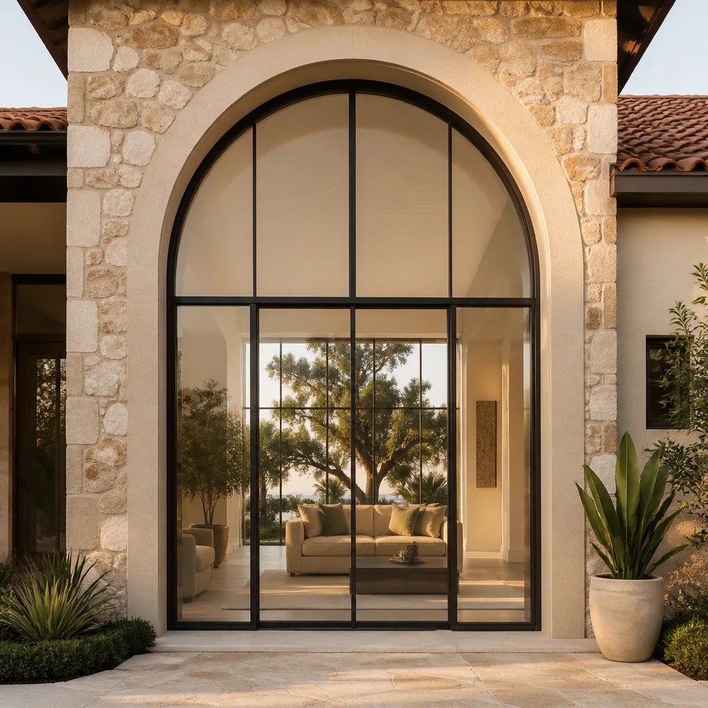 Custom arched steel windows and glass doors on a luxury stone home in Stuart, FL