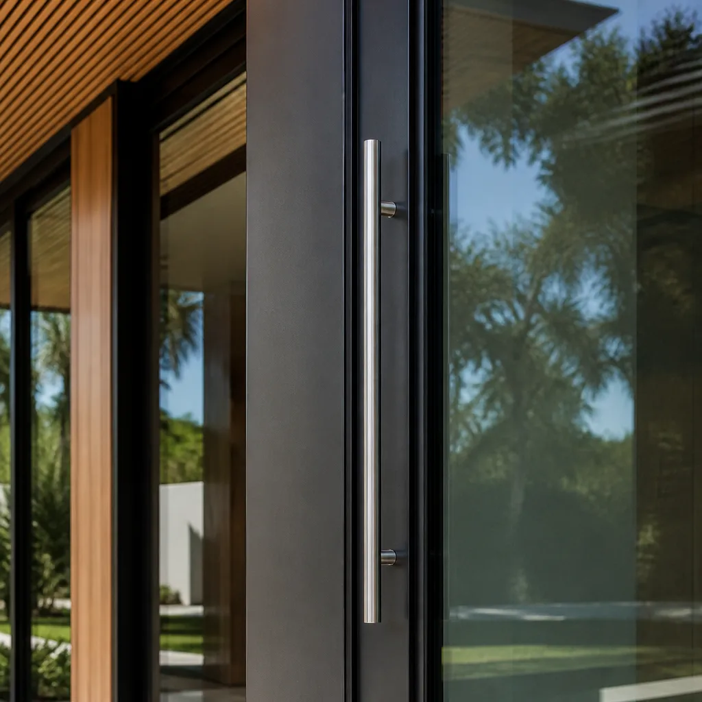 Modern glass door installation with sleek metal handle and wood trim in Stuart, FL