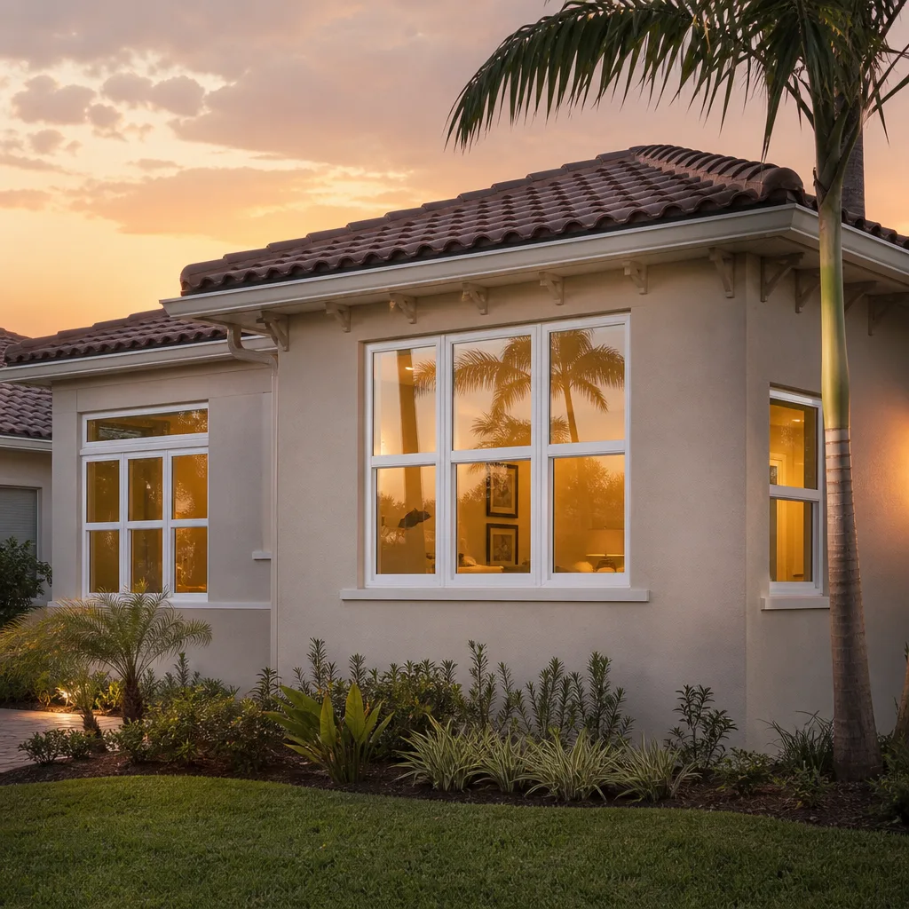 Energy-efficient replacement windows installed on a modern Mediterranean style home exterior in Stuart, FL