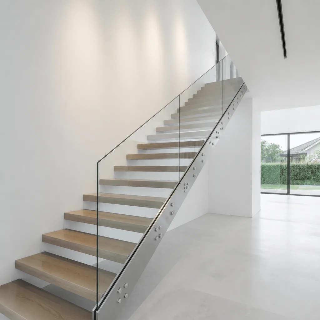 Modern staircase with a custom frameless glass railing system and steel mounts in Stuart, FL