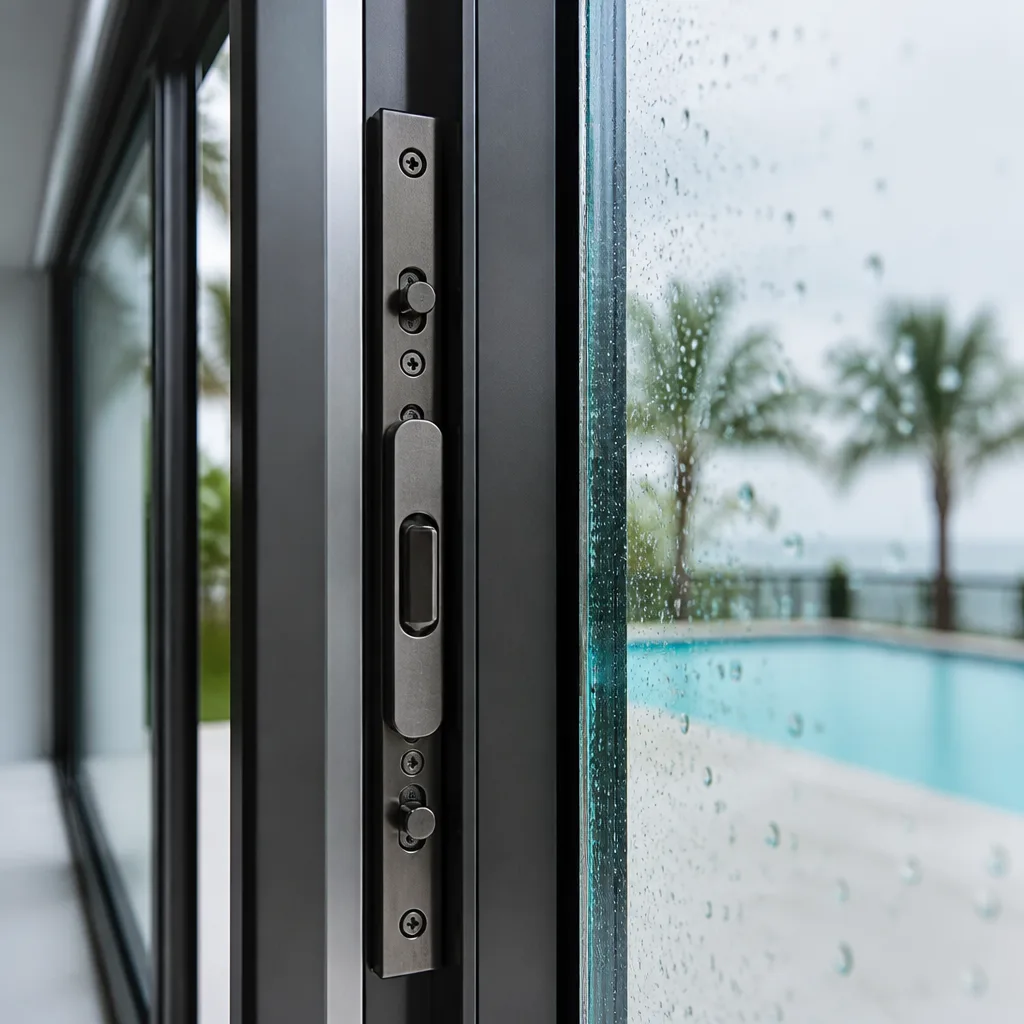 Modern impact sliding glass door with a secure metal locking mechanism in Stuart, FL