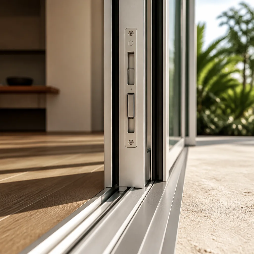 Modern aluminum sliding patio door track and flush bolt locking mechanism in Stuart, FL