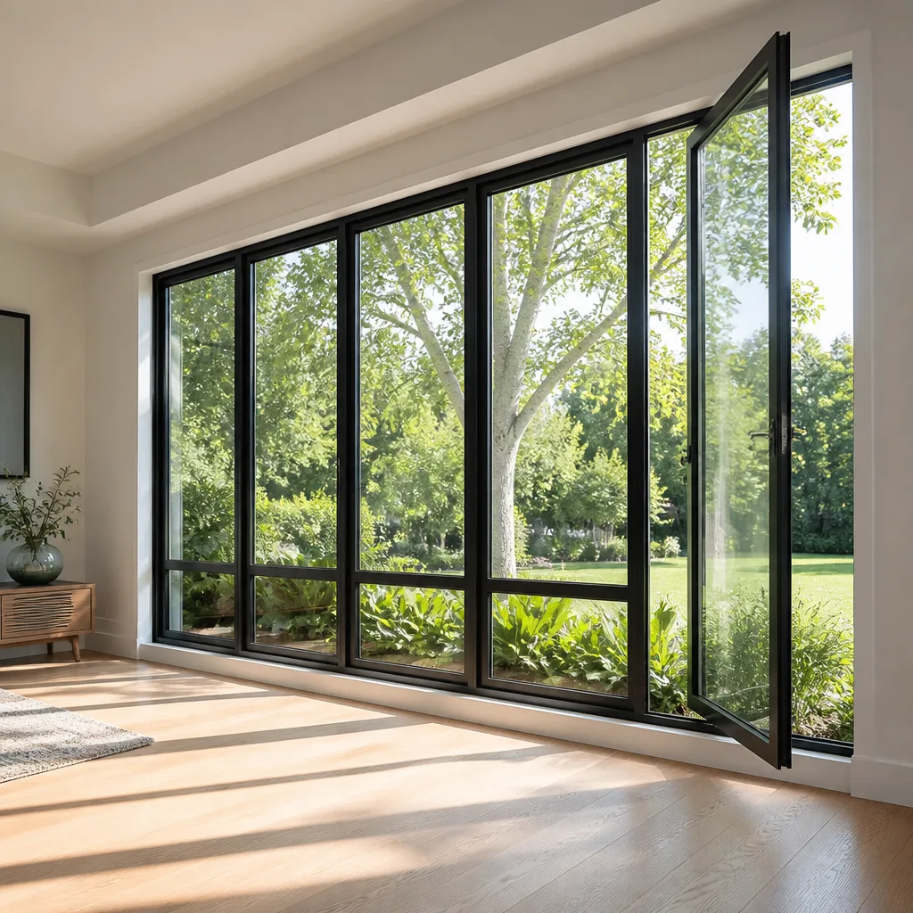 Modern black-framed window wall installation overlooking a green backyard. in Stuart, FL