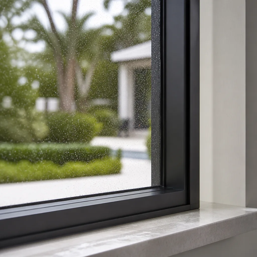 Modern black window frame installation with rainy outdoor view in Stuart, FL