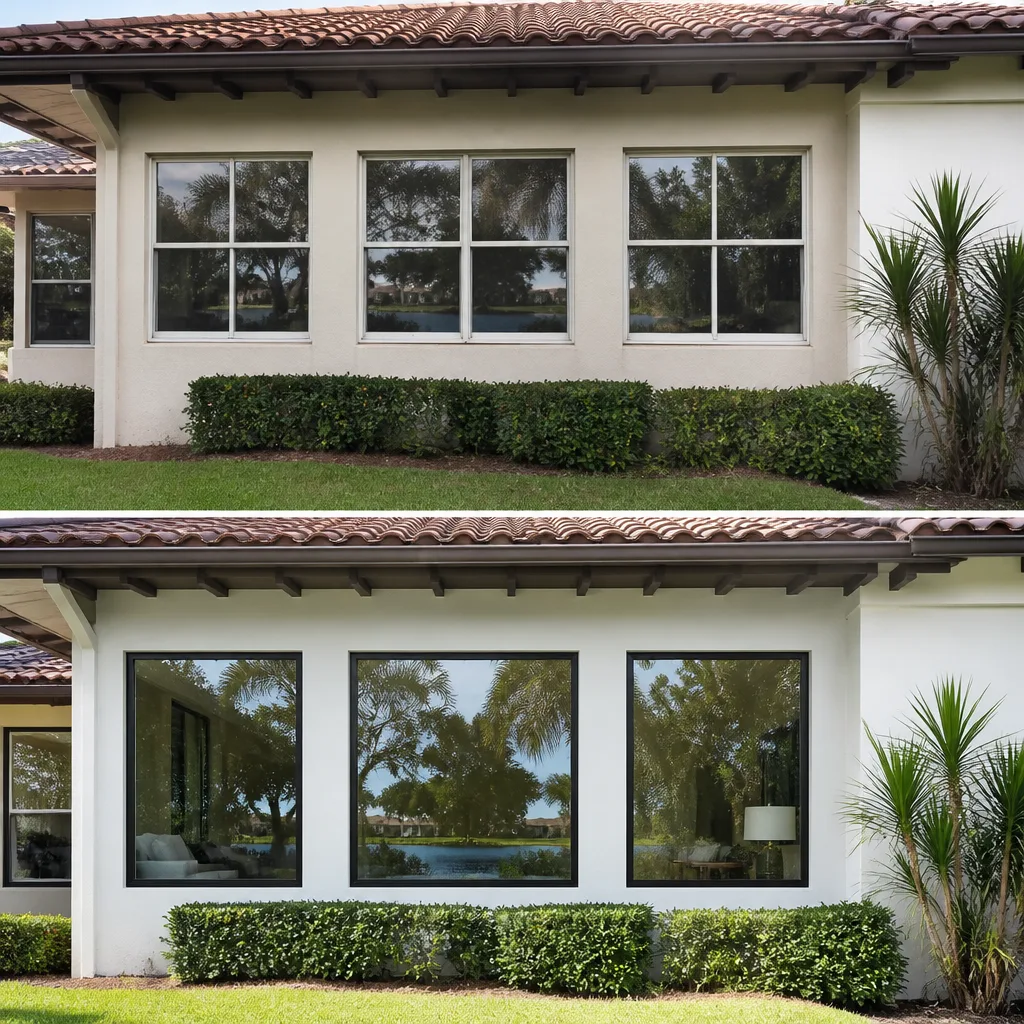 Before and after home window replacement showing modern black window frames in Stuart, FL