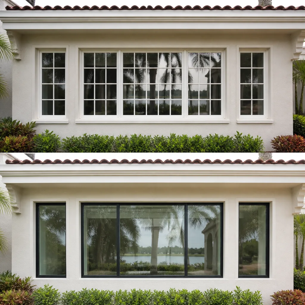 Residential window replacement before and after comparison with modern black frame windows