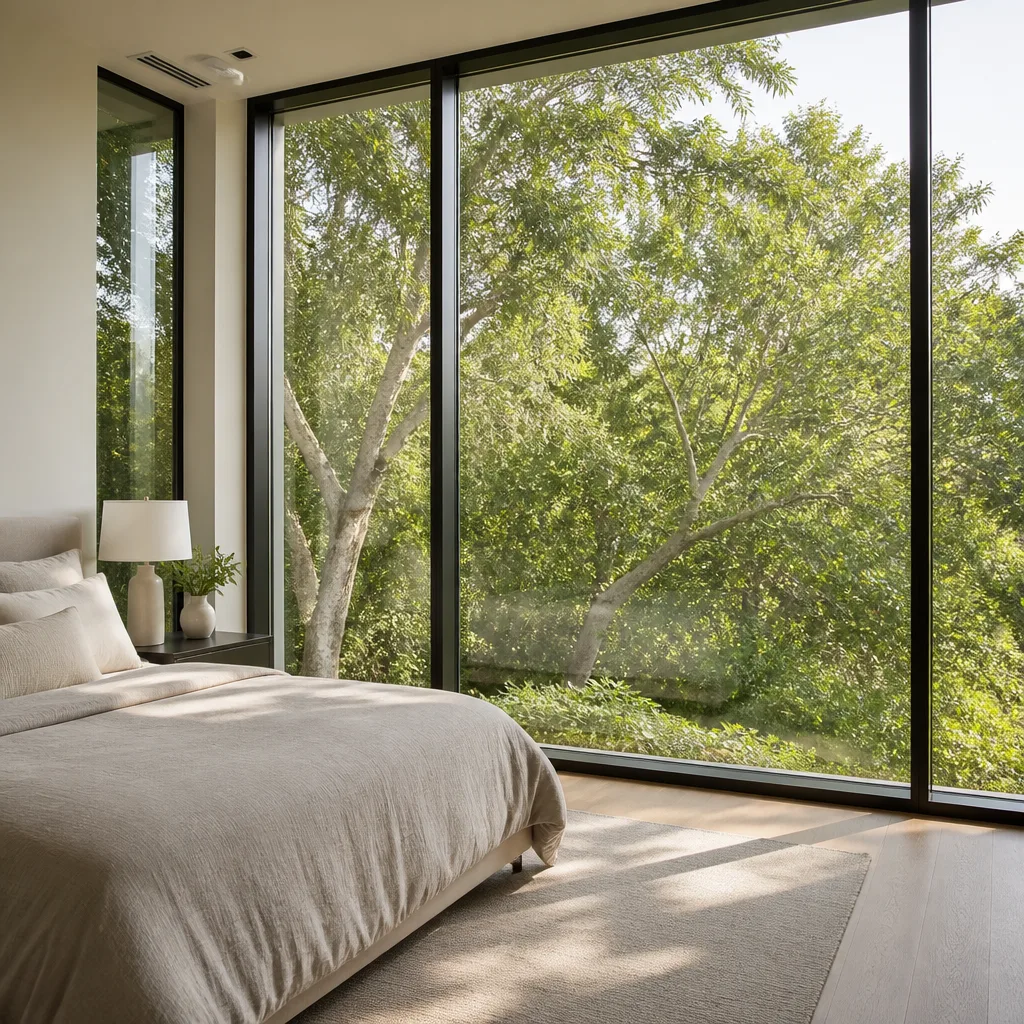 Modern floor-to-ceiling windows overlooking a forest in a serene bedroom in Stuart, FL
