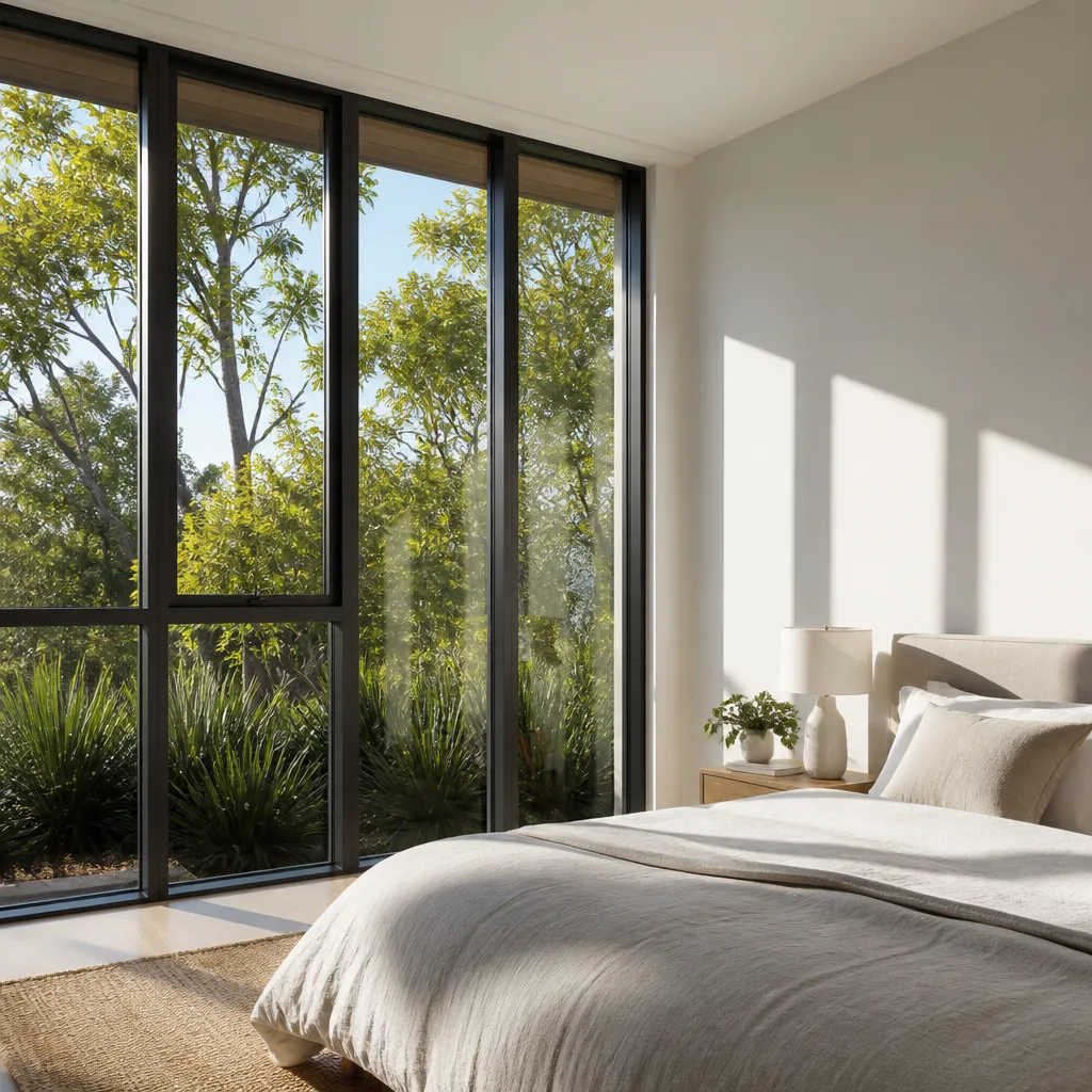 Modern floor to ceiling window installation in a bright bedroom