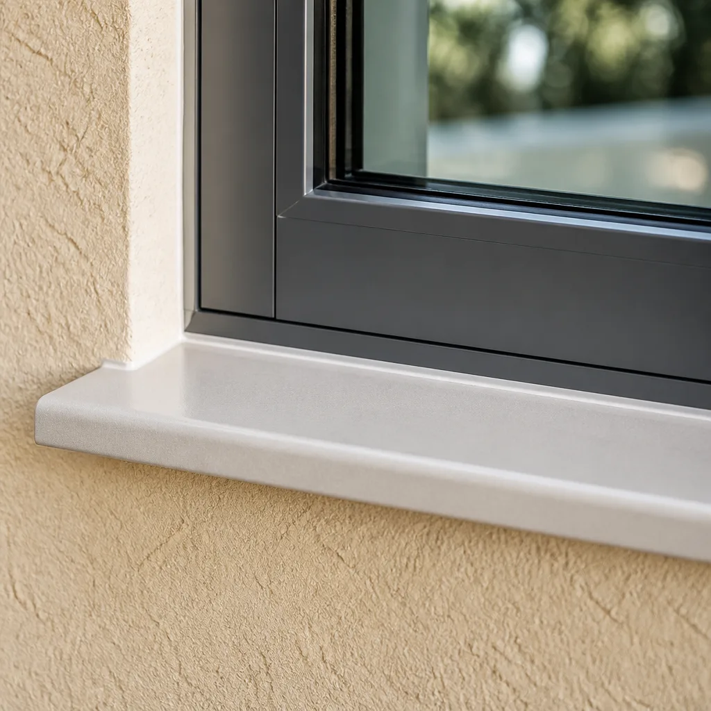 Modern dark gray window installation with a clean metal windowsill.